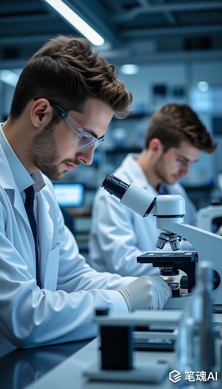 科学家在实验室专注研究显微镜下的样本蓝色灯光照射