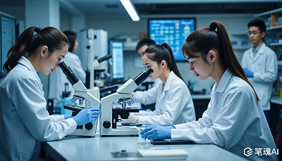 实验室里几位穿着白色实验服的女性专注地使用显微镜进行研究