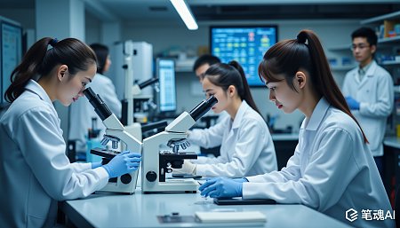 实验室里几位穿着白色实验服的女性专注地使用显微镜进行研究