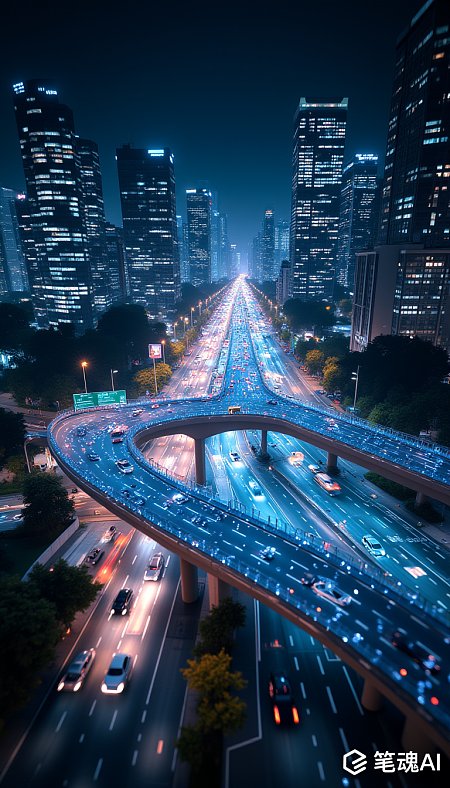 夜晚城市高楼林立车流穿梭霓虹璀璨现代繁华