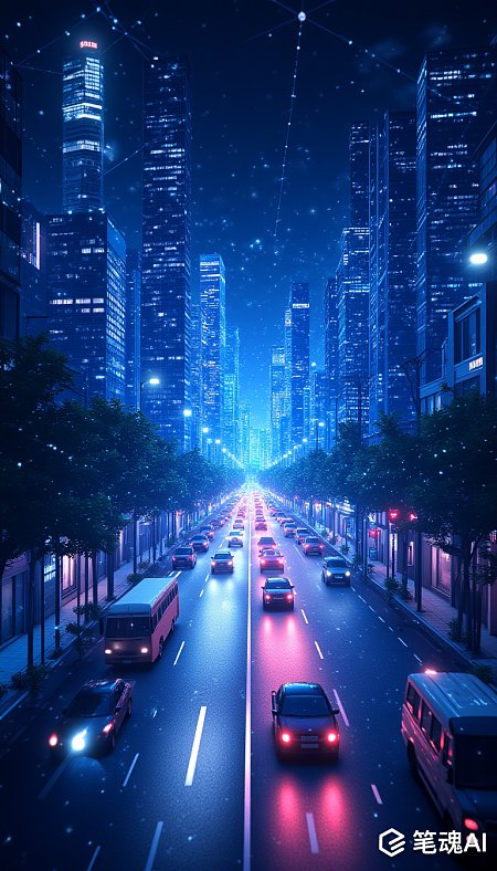 蓝色夜景中高楼林立车流穿梭未来科技感