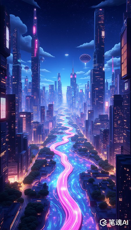 未来城市夜景霓虹灯流光溢彩科幻风格