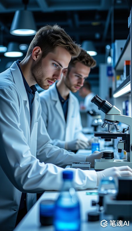科学家们在实验室专注研究蓝色液体样本