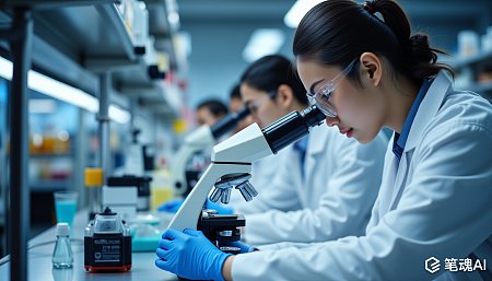 蓝色手套科学家在实验室使用显微镜观察样本