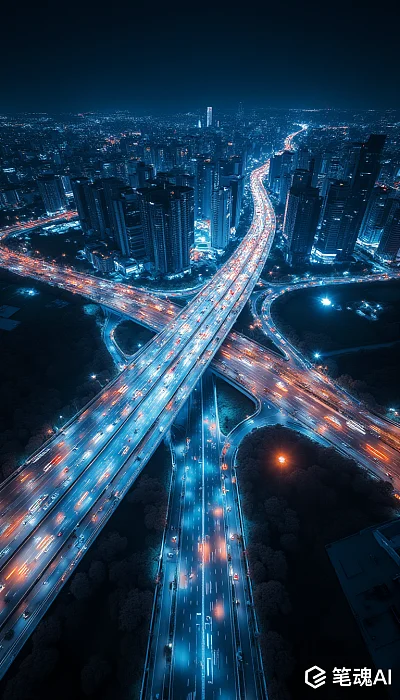 夜晚蓝色城市高架桥车流如织现代感