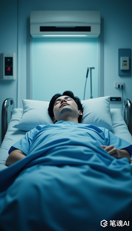 蓝色病床上昏睡的男子冷色调医院场景