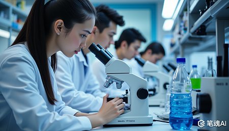 实验室里专注的科学家们在显微镜下观察样本蓝色液体瓶和白色实验服