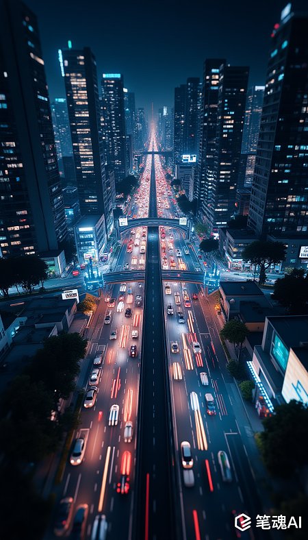 夜晚城市高楼林立车流如织霓虹闪烁现代繁华
