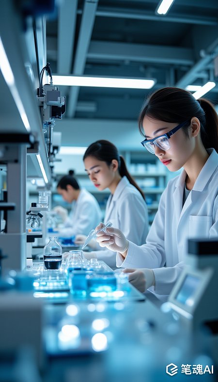 蓝色实验室中专注工作的科学家们