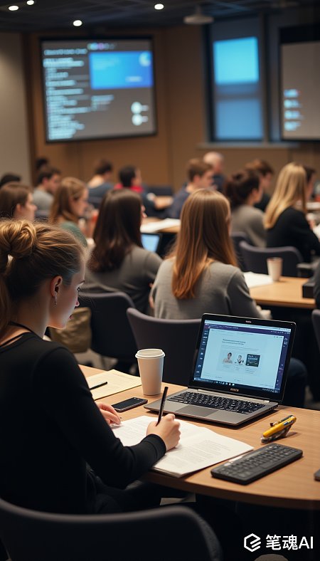 黑衣学生在教室里专注学习，背景屏幕显示代码，氛围专业严谨