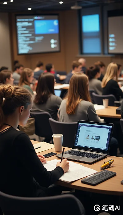 黑衣学生在教室里专注学习,背景屏幕显示代码,氛围专业严谨