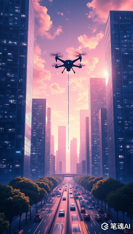 粉色天空下的未来城市科技感十足