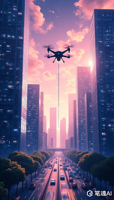 粉色天空下的未来城市科技感十足