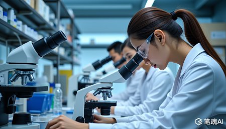 实验室里科学家们专注观察显微镜下的样本蓝色背景白色实验服