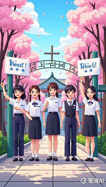 五位学生在樱花树下合影，背景是教堂风格的建筑，风格清新自然