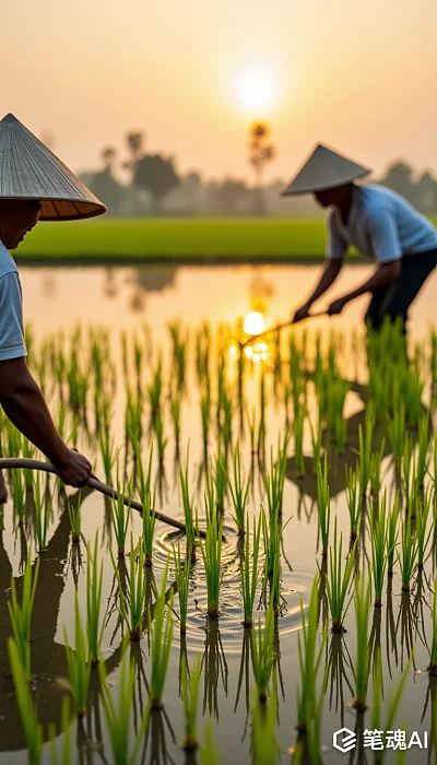 夕阳下农民在田间插秧的宁静画面