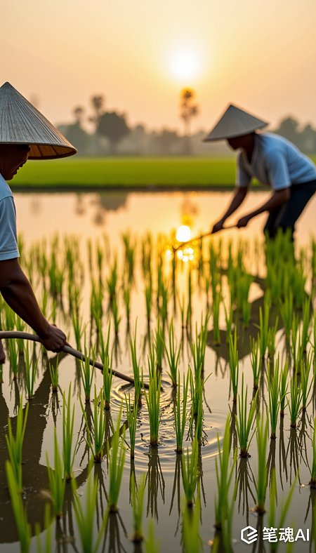 夕阳下农民在田间插秧的宁静画面