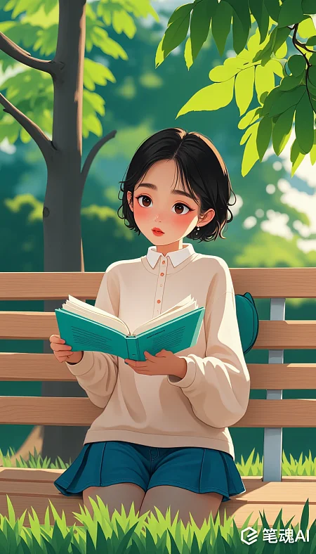 亚洲年轻女性公园长椅专注阅读阳光斑驳插画