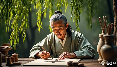 古风老人在绿叶下专注地书写着一幅画