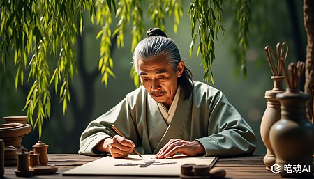 古风老人在绿叶下专注地书写着一幅画