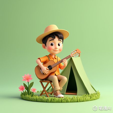 3D卡通风格中国男子露营弹吉他