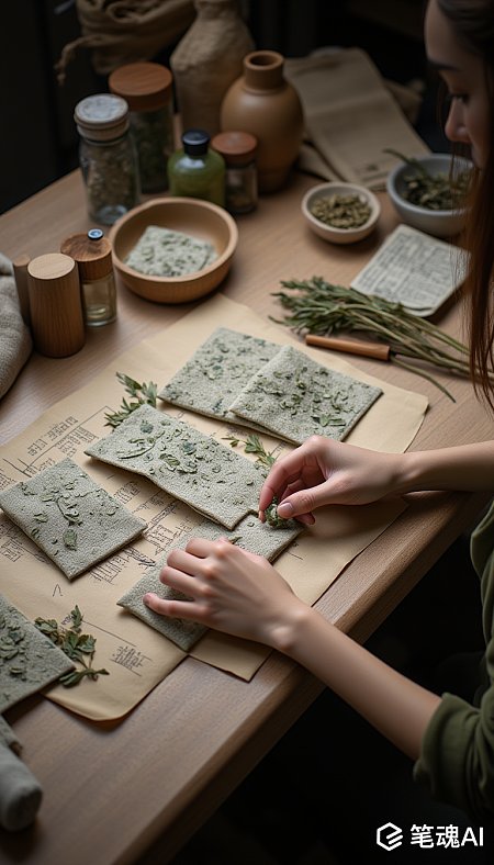 绿色植物装饰的桌面手工制作场景自然风格