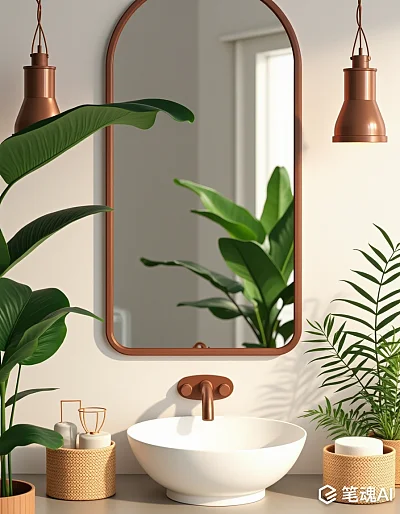 复古铜框浴室镜高清摄影