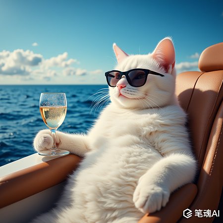 拟人化白色猫咪悠闲海边香槟摄影