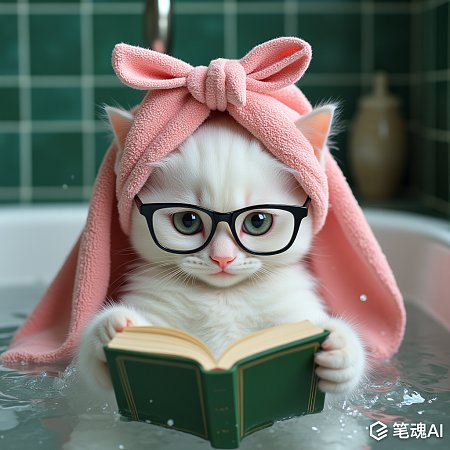 白色猫咪拟人化泡澡可爱趣味