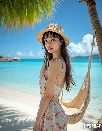 中国女子海边休闲吊床椰林美景4K高清摄影