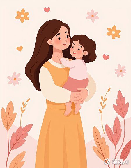 母亲怀抱孩子温馨插画