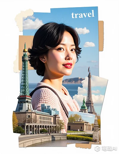 亚洲美女手帐拼贴旅游画像