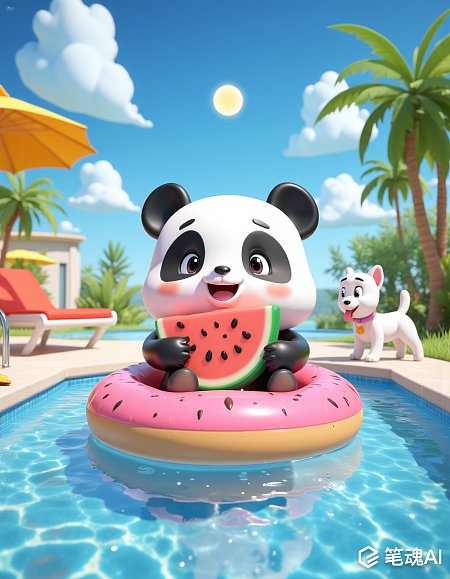 夏日欢乐3D熊猫泳池插画