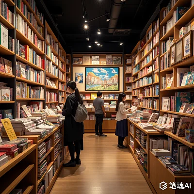 温暖灯光下的书店内人们在挑选书籍