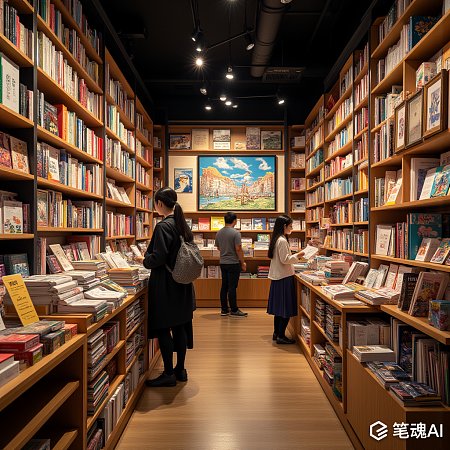 温暖灯光下的书店内人们在挑选书籍