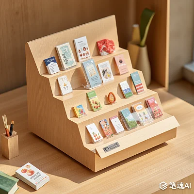 木质阶梯展示架上摆放着彩色书籍和小物件简约风