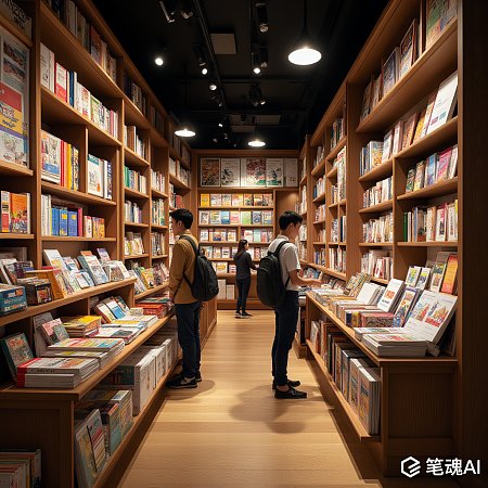 温暖灯光下的书店内人们在挑选书籍