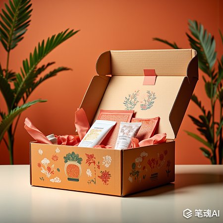 橙色背景花卉图案礼品盒内装护肤品