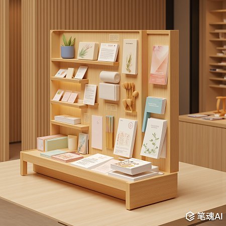 木质展示架上摆放着各种卡片和小物件简约风