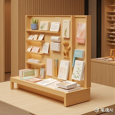 木质展示架上摆放着各种卡片和小物件简约风