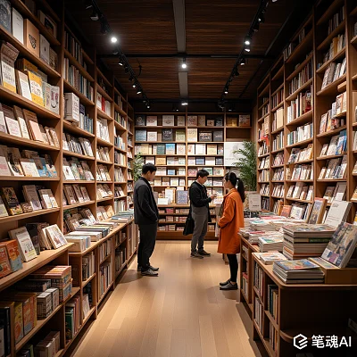温暖灯光下的书店内人们在挑选书籍