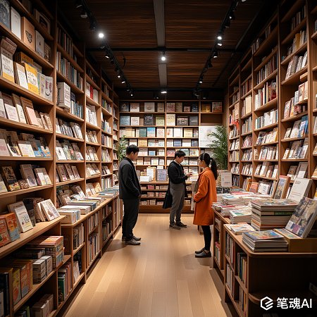 温暖灯光下的书店内人们在挑选书籍