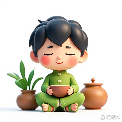 卡通3D男孩中国传统服饰盘腿微笑