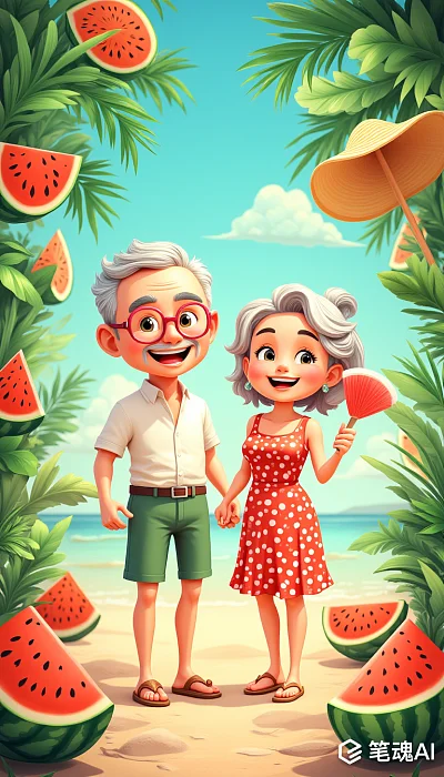 卡通老年夫妇夏日聚会