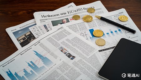 金色硬币与蓝色图表点缀的新闻报纸风格桌面