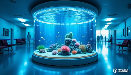 蓝色灯光下的圆形水族馆充满生机与活力现代风格