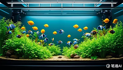 色彩斑斓的热带鱼在绿植环绕的水族箱中游弋