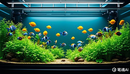 色彩斑斓的热带鱼在绿植环绕的水族箱中游弋