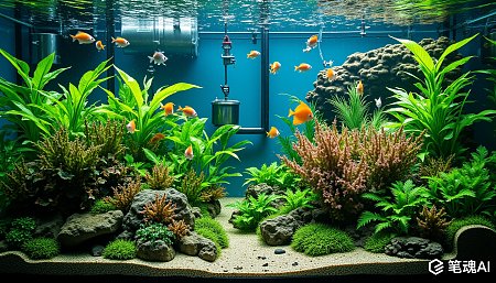 蓝色背景绿色植物橙色鱼群水族箱风景
