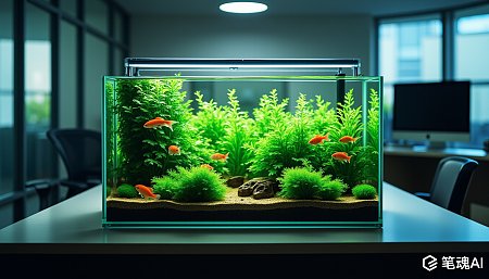 绿色植物装饰的办公桌上的鱼缸现代简约风格
